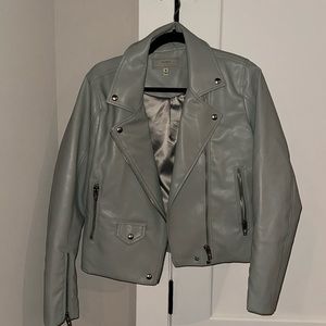 Sage Green/ Light Grey Faux Leather Moto Jacket